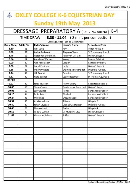 OXLEY COLLEGE K-6 EQUESTRIAN DAY Sunday 19th May 2013