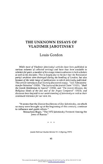 the unknown essays of vladimir jabotinsky - Jerusalem Center For ...