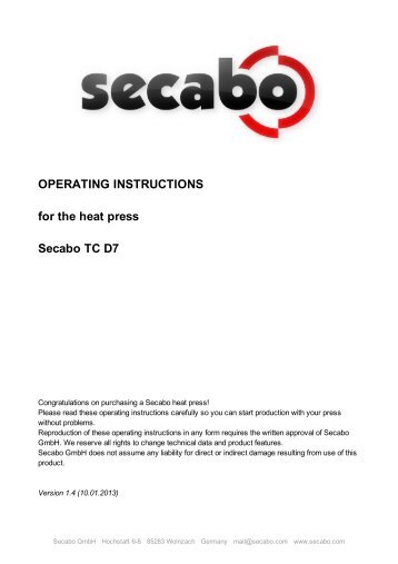 OPERATING INSTRUCTIONS for the heat press Secabo TC D7