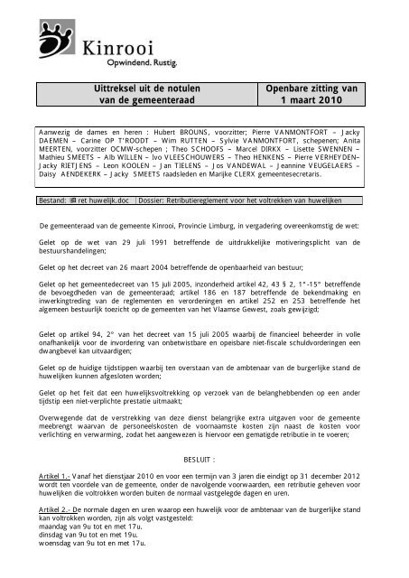 Uittreksel uit de notulen van de gemeenteraad ... - Gemeente Kinrooi