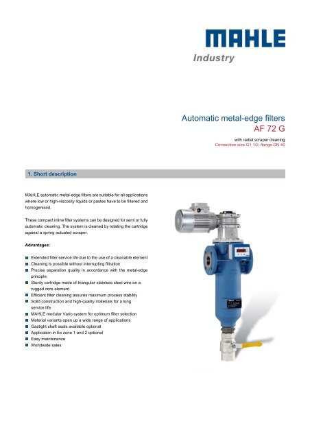 Automatic metal-edge filters AF 72 G - MAHLE Industry - Filtration