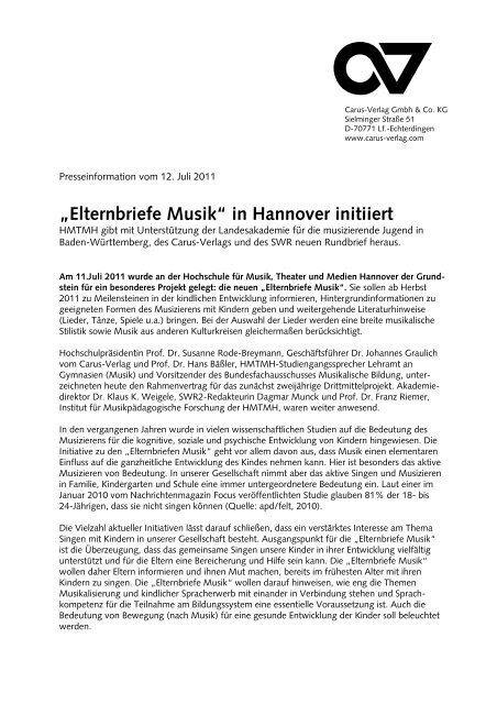 „Elternbriefe Musik“ in Hannover initiiert