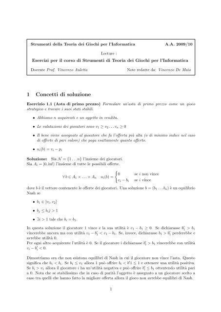 Esercizi su calcolo di soluzioni in equilibrio in giochi strategici