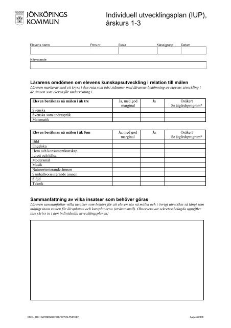 Individuell utvecklingsplan (IUP), Ã¥rskurs 1-3 - Skola.jonkoping.se