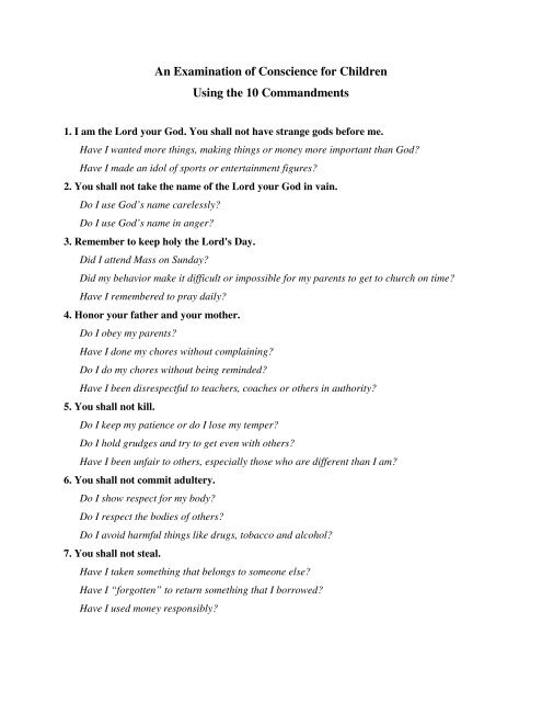 An Examination of Conscience for Children Using the 10 An Examination of Conscience for Children Using the 10