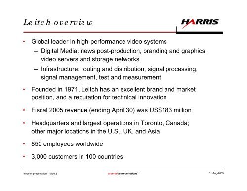 Leitch Technology Corporation Acquisition