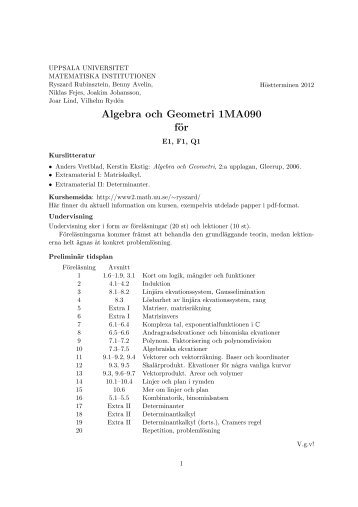 Algebra och Geometri 1MA090 fÃ¶r - Matematiska institutionen ...