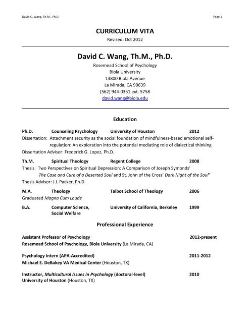 David C Wang CV - Biola University