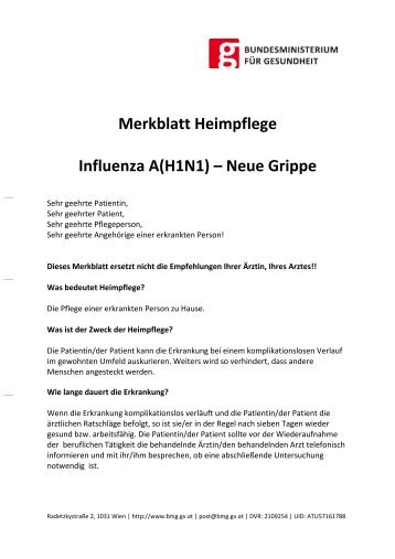 Merkblatt Heimpflege Influenza A(H1N1) – Neue Grippe
