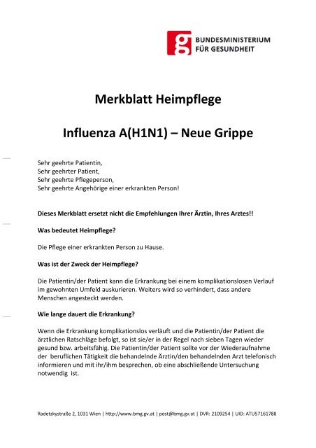 Merkblatt Heimpflege Influenza A(H1N1) – Neue Grippe