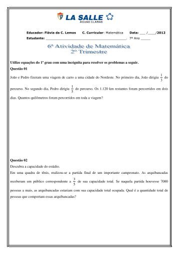 Utilize equaÃ§Ãµes do 1Âº grau com uma incÃ³gnita para ... - La Salle