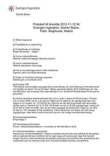 Protokoll till Ã¥rsmÃ¶te 2012-11-12 fÃ¶r Sveriges IngenjÃ¶rer, Distrikt ...