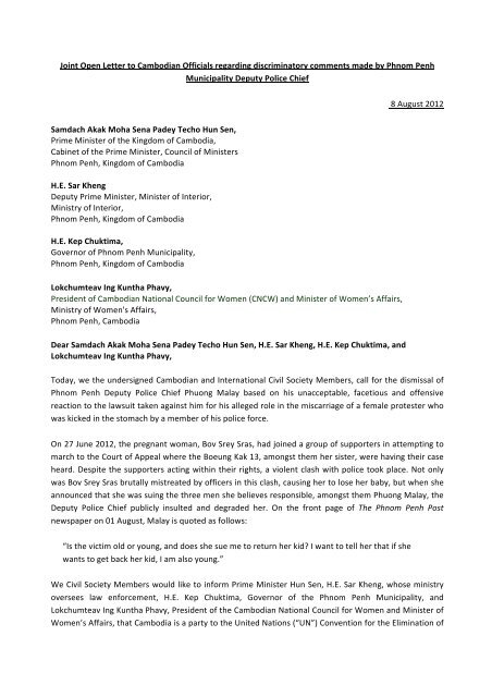 Joint Open Letter Cambodian Center For Human Rights