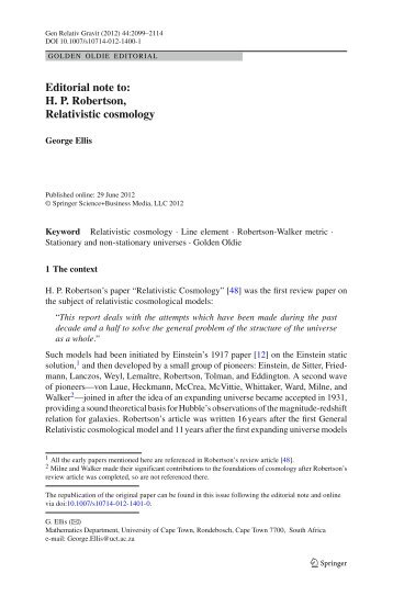 Editorial note to: HP Robertson, Relativistic cosmology - Users' Pages