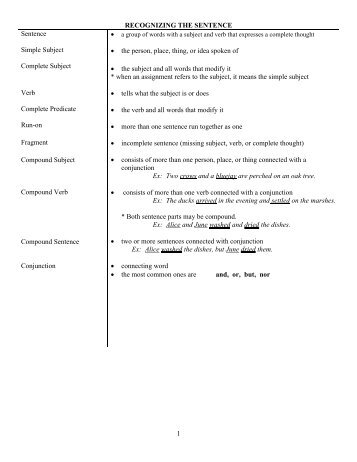 1 RECOGNIZING THE SENTENCE Sentence Simple Subject ...