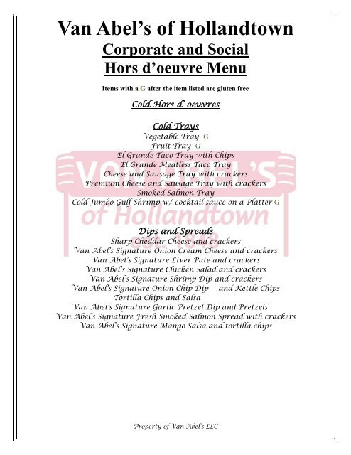 Hors d' oeuves Menu - Van Abel's of Hollandtown