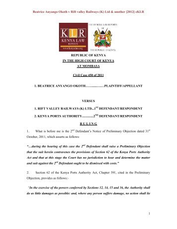 Beatrice Anyango Okoth v Rift valley Railways - Kenya Law Reports