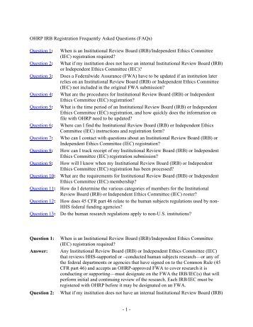 OHRP IRB Registration Frequently Asked Questions ... - HHS Archive