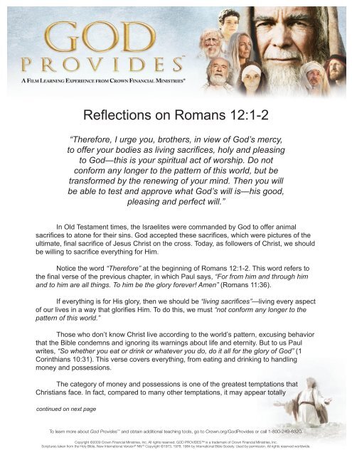 Reflections on Romans 12:1-2 - Crown Financial Ministries