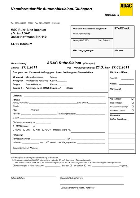 Clubsport - MSC Ruhrblitz Bochum eV im ADAC