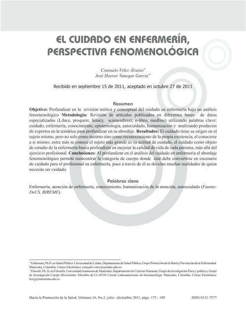 el cuidado en enfermería, perspectiva fenomenológica - Hacia la ...