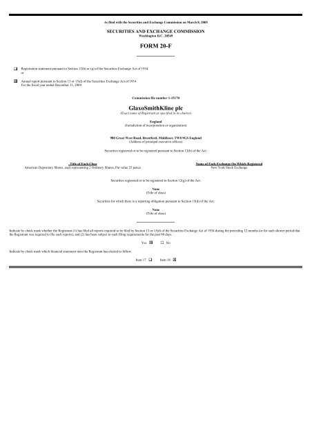 FORM 20-F Glaxosmithkline plc