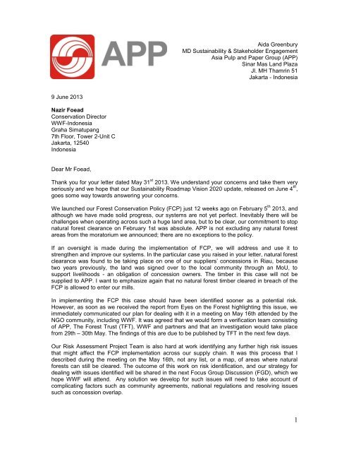 APP Response to WWF Open Letter - Asia Pulp and Paper
