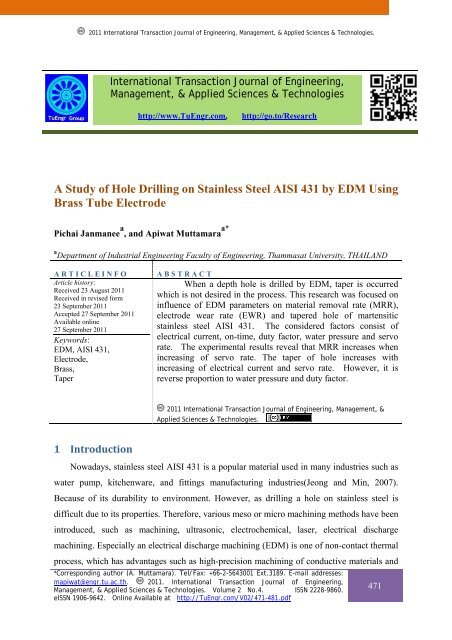 A Study of Hole Drilling on Stainless Steel AISI 431 by EDM Using ...