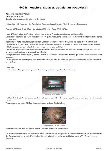 406 hinterachse: radlager, tragplatten, koppelstan - Peugeotforum