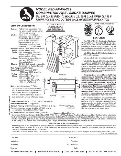 model fsd-af-fa-212 combination fire / smoke damper - NCA ...