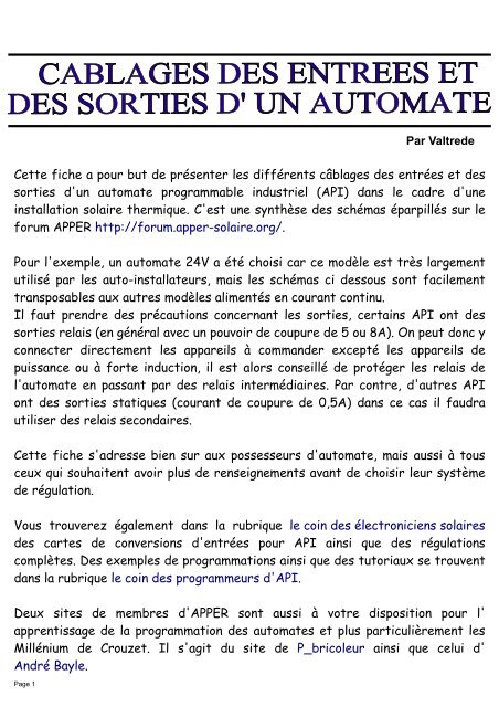 cablage entrees sorties automate.pdf - APPER Solaire