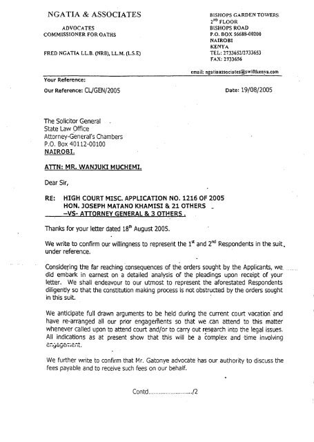 Letter from Fred Ngatia, Advocate to Solicitor General Wanjuki ...