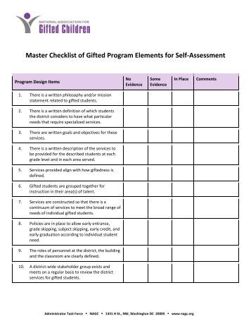 Master Checklist of Gifted Program Elements for Self ... - NAGC