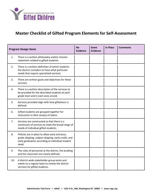 Master Checklist of Gifted Program Elements for Self ... - NAGC