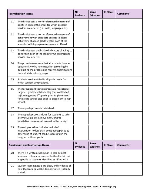 Master Checklist of Gifted Program Elements for Self ... - NAGC