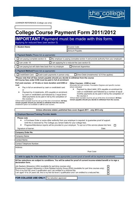 College Course Payment Form 2011/2012 - The Bournemouth ...