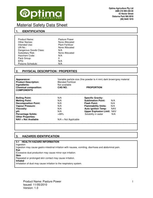 MSDS Pasture Power pdf Optima Agriculture