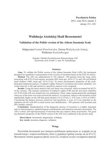 Walidacja AteÅskiej Skali BezsennoÅci - Psychiatria Polska