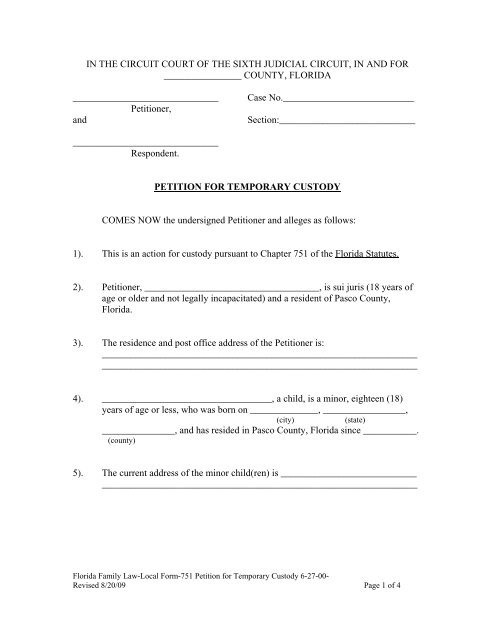 Petition for Temporary Custody Sixth Judicial Circuit