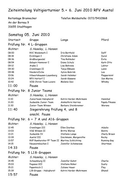 Zeiteinteilung Voltigierturnier 5.+ 6. Juni 2010 ... - RVV Badenstedt