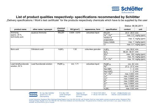 Product specifications E - Schloetter.de