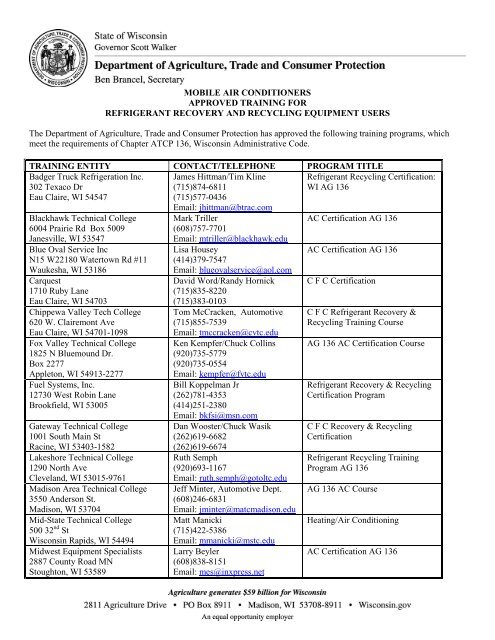 mobile air conditioners - Wisconsin Department of Agriculture, Trade ...