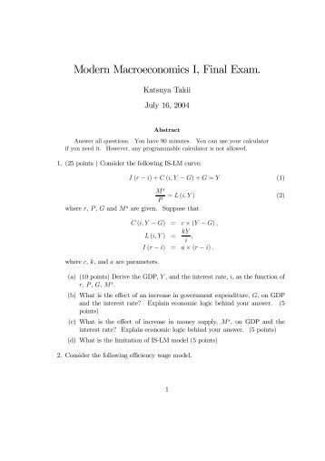 Modern Macroeconomics I, Final Exam.