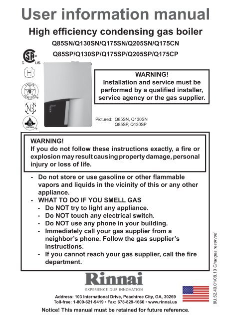 User Information Manual: Q Series Condensing Boiler English - Rinnai