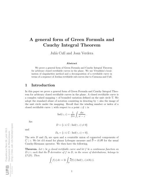 A general form of Green Formula and Cauchy Integral Theorem