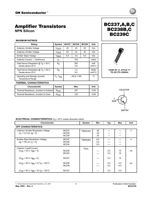 Amplifier Transistors BC237,A,B,C BC238B,C BC239C