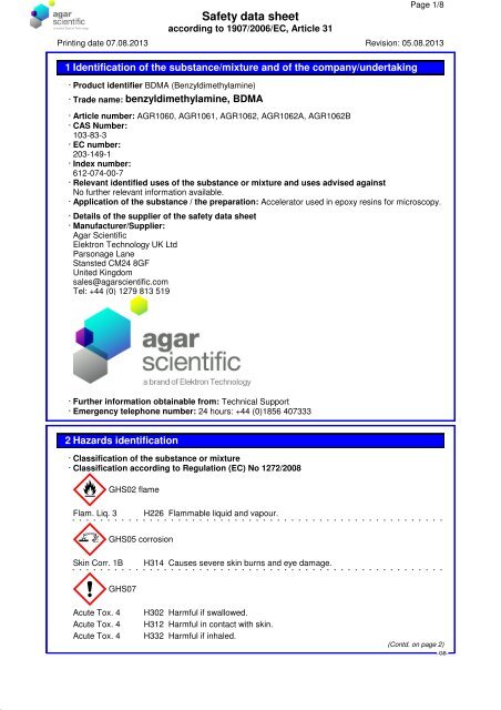 AGR1061 BDMA Benzyldimethylamine MSDS - Agar Scientific