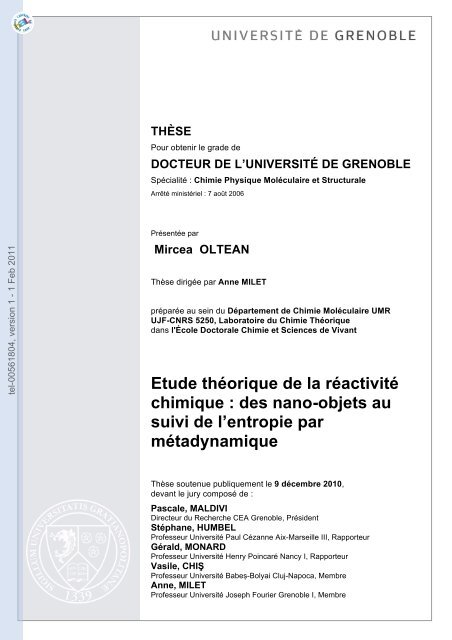 Etude théorique de la réactivité chimique: des  nano-objets au suivi ...