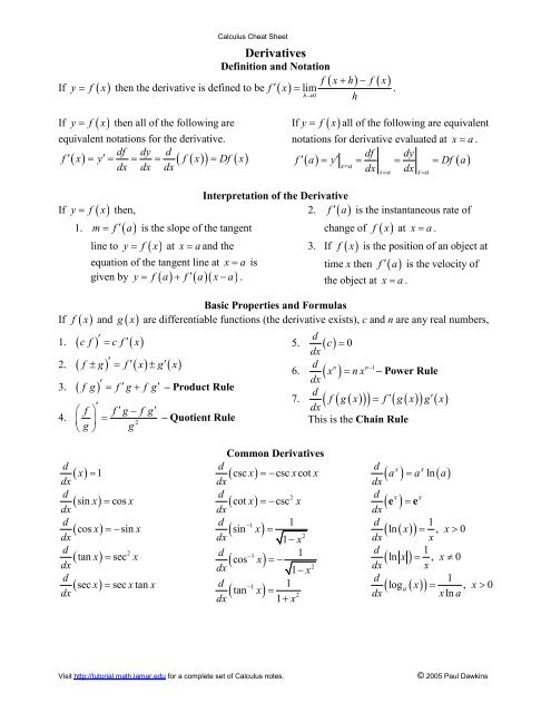 Calculus Cheat Sheet Derivatives Pauls Online Math Notes