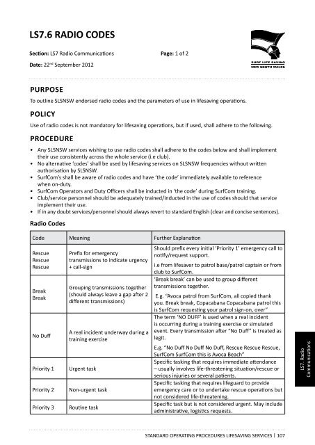 LS07. Radio Communications - Surf Life Saving NSW